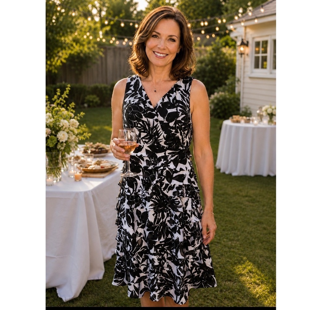 London‎ Times Woman Black White Floral Tiered Chiffon Sheath Dress 16W